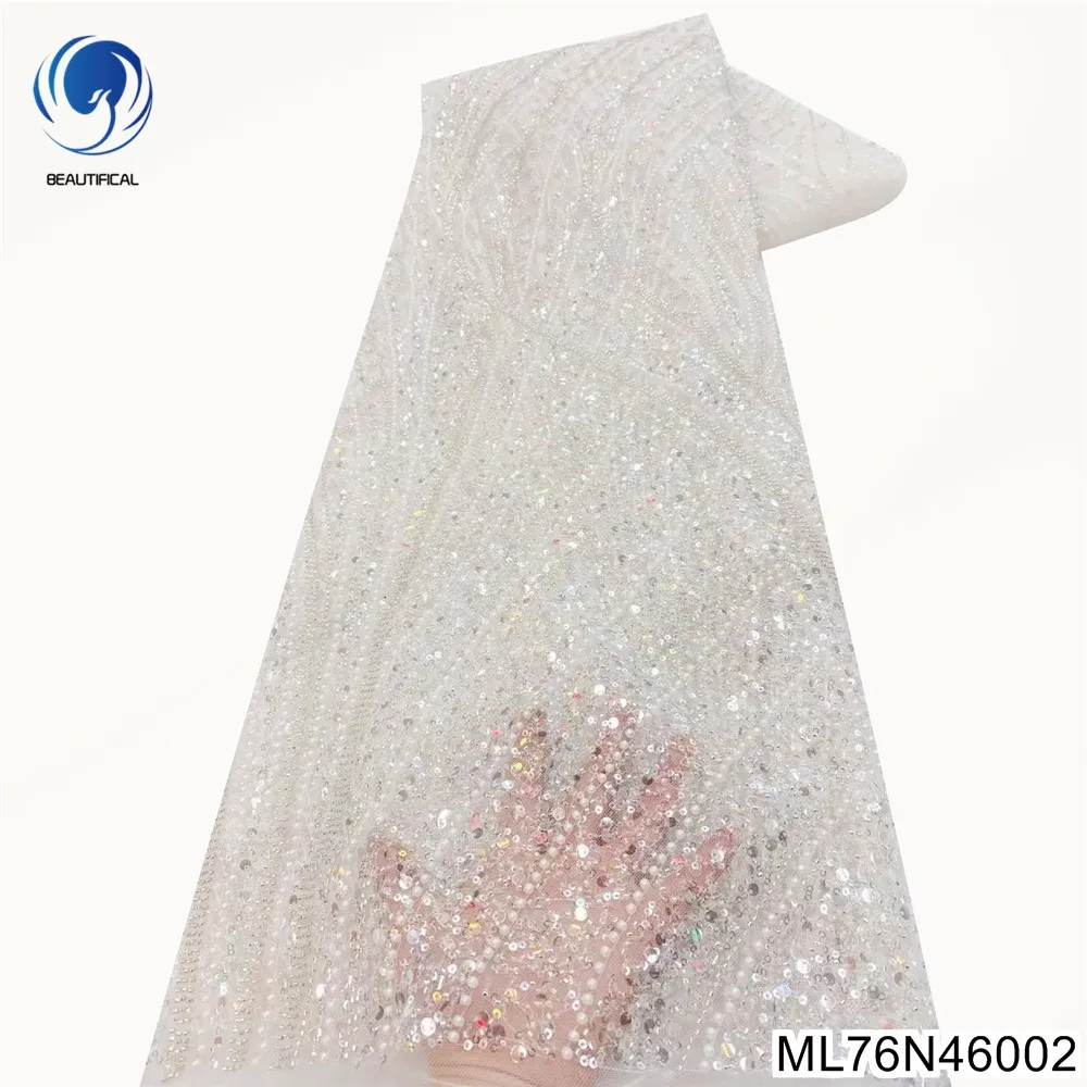 

2023 France White Lace Fabric Luxury Handmade Nigerian Bead Tulle Net Wedding Dress Sequins Materials Cloth ML76N460