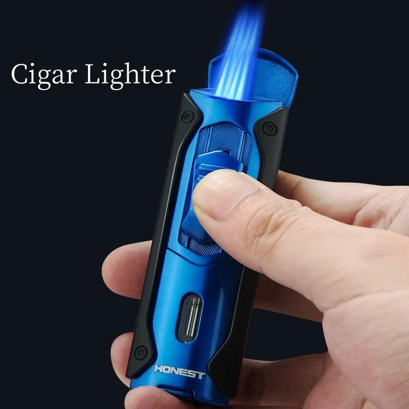 

Honest Strong Blow Butane Gas Lighter Blue Big Flame Windproof Metal Turbine Luxury Cigar Lighters Unusual High End Men's Gift