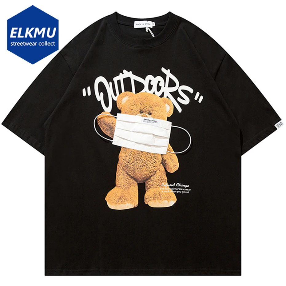 

Facemask Bear T Shirts Hip Hop Streetwear Oversized T-shirt 2023 Summer Men Fashion Harajuku Y2K Tops Short Sleeve Tee Black