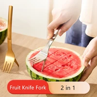 creative watermelon knife fork 2 in 1 stainless steel golden fruit slicer tools practical home gadget kitchen accessories