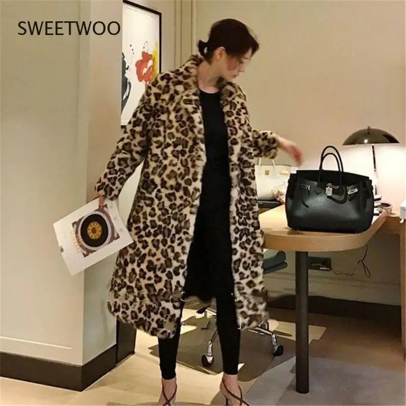 Classic Leopard Print Color Faux Fur Coat Women Long Thick Warm Jackets Fluffy Star Style Overcoats Winter Street Outerwear 2022