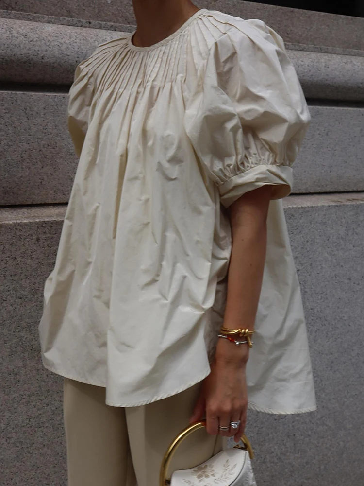 2022 New Spring Summer Women O Neck Loose Puff Sleeve White Blouse Japan Style Elegant Solid Color Shirts Tops Femme