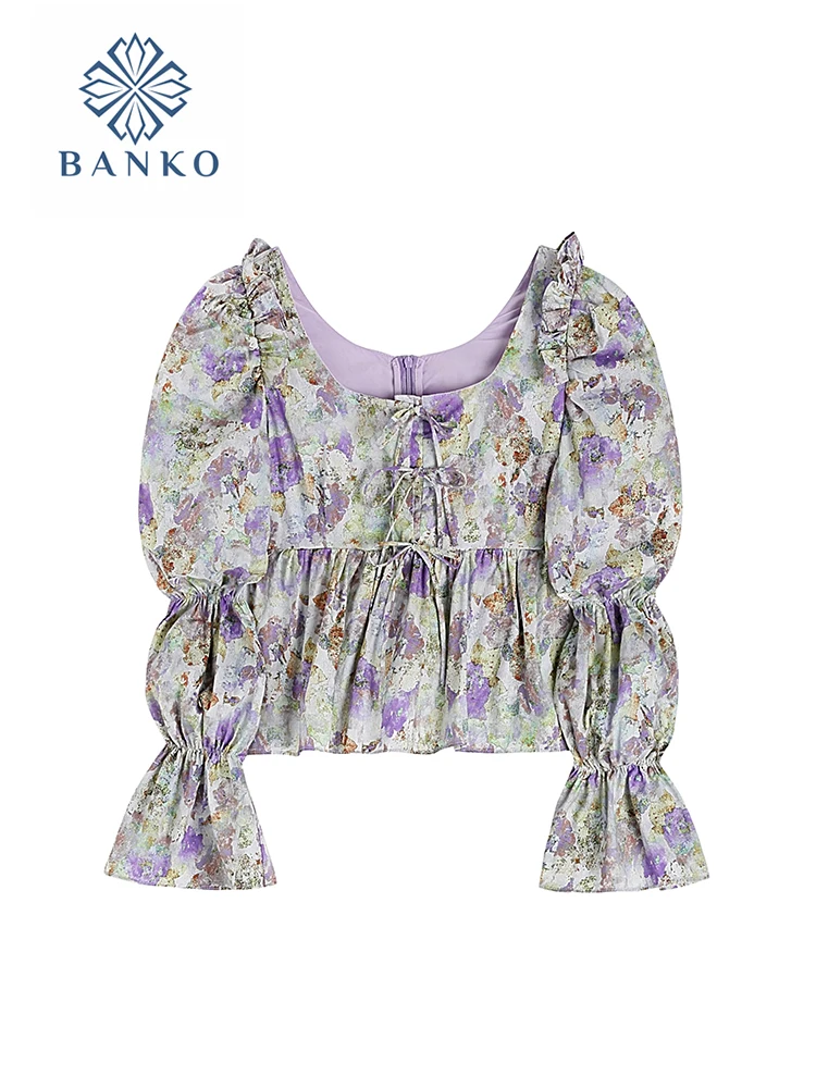 

Укороченный топ с цветочным принтом в Корейском стиле Харадзюку, милые женские блузки с квадратным вырезом и бантом, офисные женские шикарные рубашки, кокетка Gyaru, уличная одежда