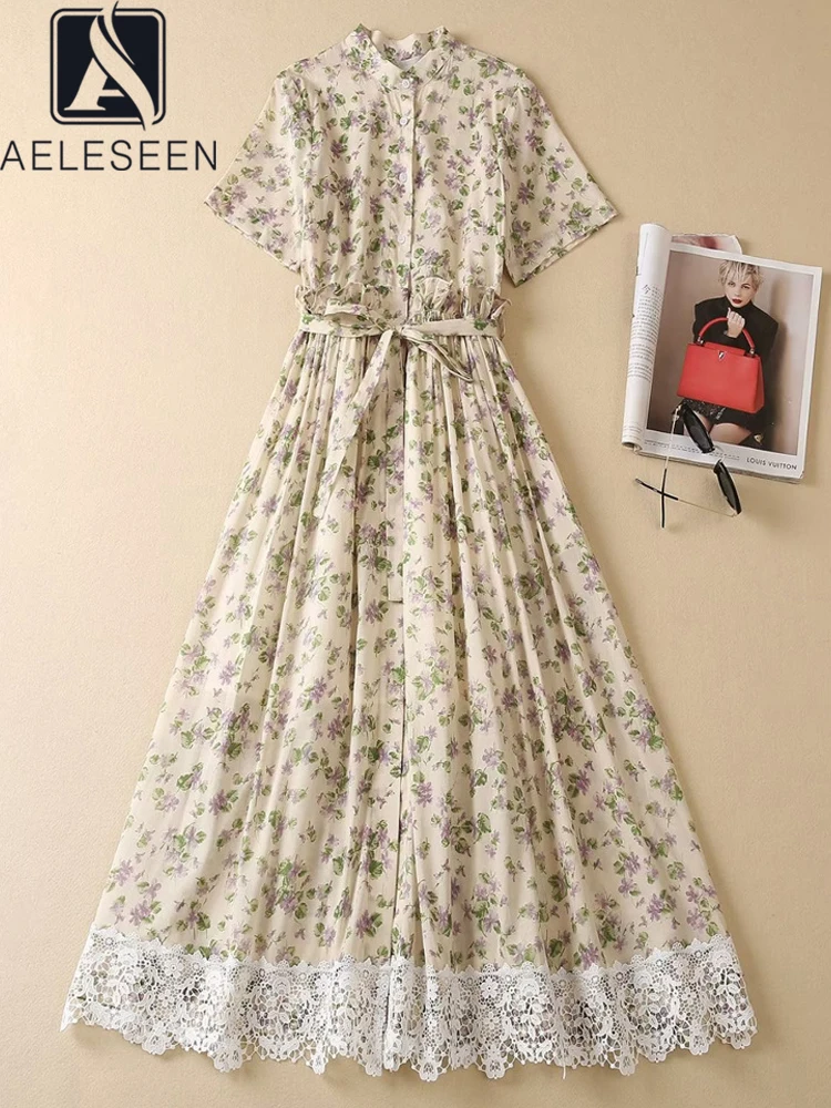 

Женское платье из 100% хлопка AELESEEN, весенне-летнее платье фиолетового цвета с цветочным принтом и кружевным поясом в стиле пэчворк, Элегантное Вечерние праздничное платье