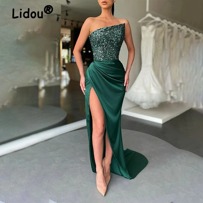 

Summer Fashion Sexy One Shoulder Off Shoulde Sequins High Waist Slit Bodycon Women Party Evening Elegant Club High-End Vestidos