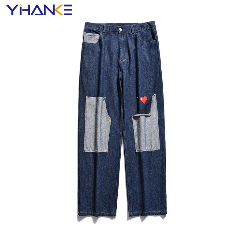 YIHANKE Colour Block Cargo Jeans Patchwork Jeans High Street  Vintage Jeans Men Distressed Baggy Jeans Top Quality Streetwear