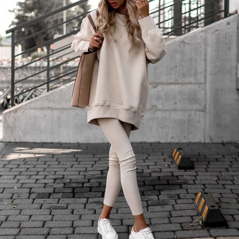

Simple Casual Loose Round Neck Street Sports Long-Sleeved Sweater Suit for Women 2023 Spring Summer Europe & America Pants Sets