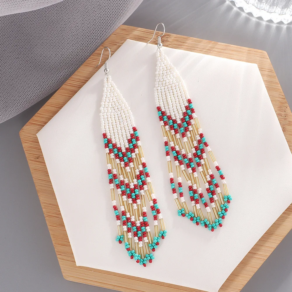 

Promotion Gift Flower Design Tassel Beaded Earrings For Women Bohemian Handmade Colorful Long Beaded Earrings Trendy Jewelry