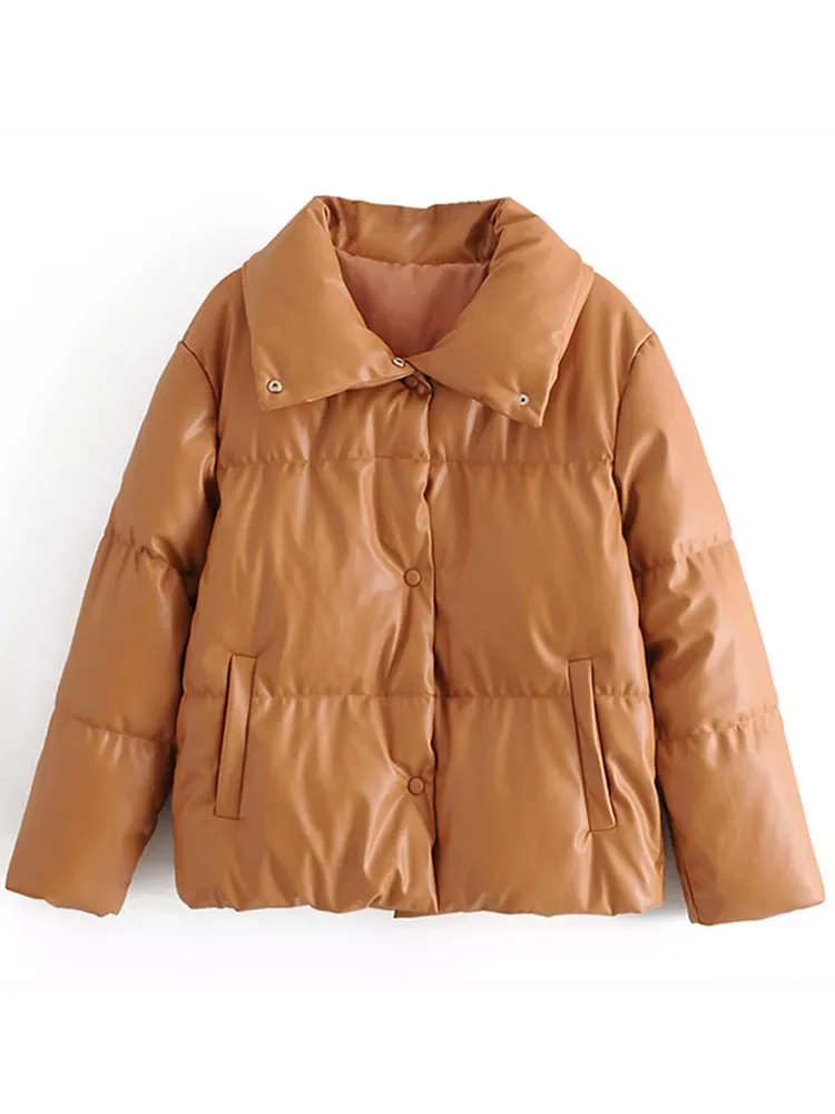 

Women PU Leather Parkas Fashion High Street Solid Faxu Leather Coats Elegant Winter Thick Cotton Jackets Loose Outerwear