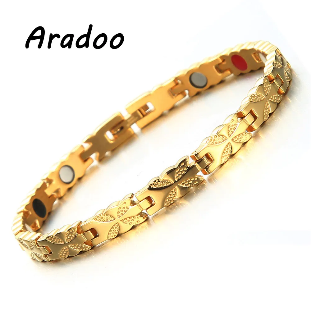 

ARADOO Temperament Luxury Flower Health Care Magnetic Energy Bracelet Negative Ion Germanium Titanium Steel Sports Bracelet