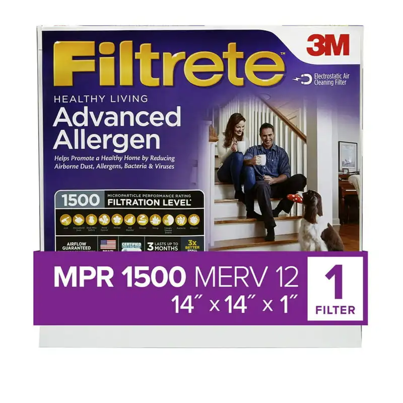 3M, 14x14x1, MERV 12, Advanced Allergen Reduction HVAC Furnace Air Filter, Captures Allergens, Bacteria, Viruses, 1500 MPR, 1 Fi
