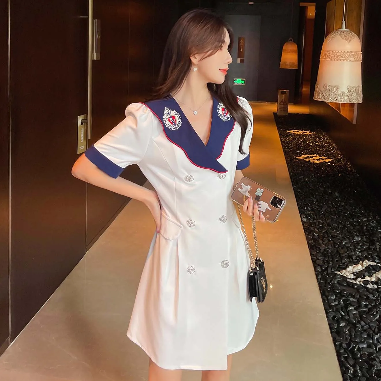 

COIGARSAM Women's Summer Dress 2022 French Style Short Sleeve Notched High Waist Brief Paragraph Long Dresses Dropshipping