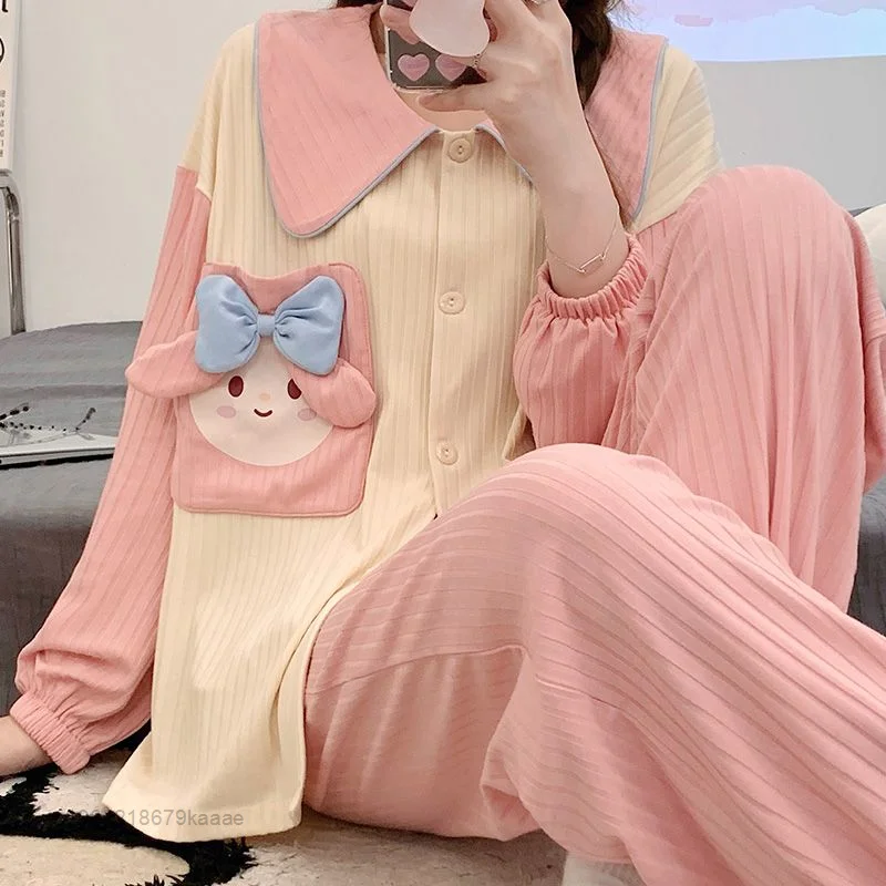 Sanrio Melody New Home Clothes Long Sleeve Tops  Loose Pants 2 Piece Set Women Pajamas Y2k Female Cartoon Cute Sleepwear Suits