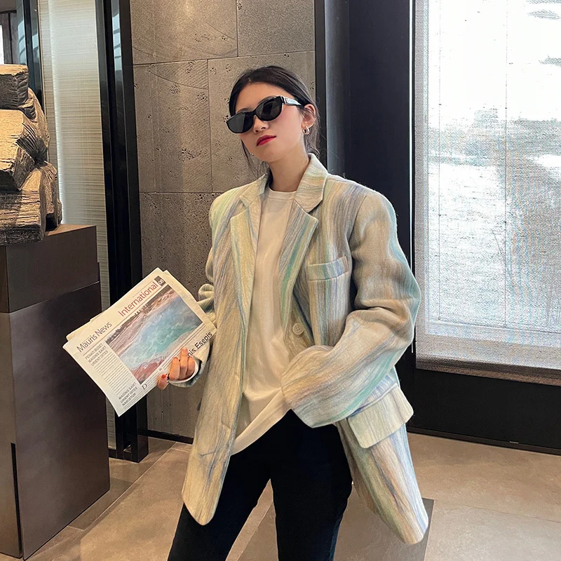 

Autumn Winter Women's Wool Blende Coat Vintage Colorful Stripes Single-Breasted Long Sleeve Loose Thicken Female Woolen Outwear