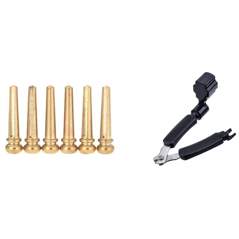 

6 Pieces Brass Folk Acoustic Guitar Bridge Pin Peg Nail Metal With Black 3 In 1 Multifunction Guitar String Winder