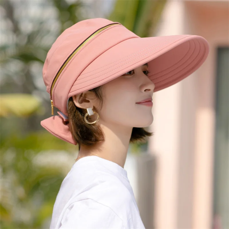 

Women's Summer Hat Removable Cap Top with Zipper Empty Top Hat Cycilng Anti-UV Sun Hats Ladies Foldable Big Brim Hat Visor Caps