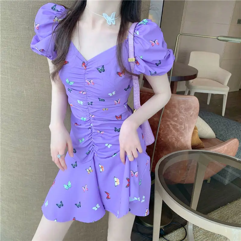 

Dress Retro Butterfly Print Purple Female Summer Waist Folds Exposed Clavicle Sleeve Short Skirt New