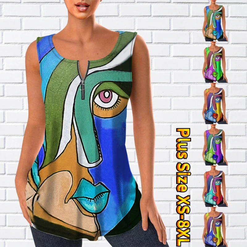 2023 Летняя Сексуальная футболка на молнии, новый дизайн, топ без рукавов с принтом и V-образным вырезом, женская уличная одежда, повседневная Уличная майка, Топ 2023 Летняя Сексуальная футболка на молнии, новый дизайн, топ без рукавов с принтом и V-образным вырезом, женская уличная одежда, повседневная Уличная майка, Топ