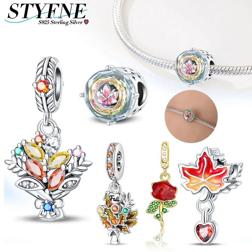 Осенний браслет из стерлингового серебра 925 пробы лотос роза кленовый лист или