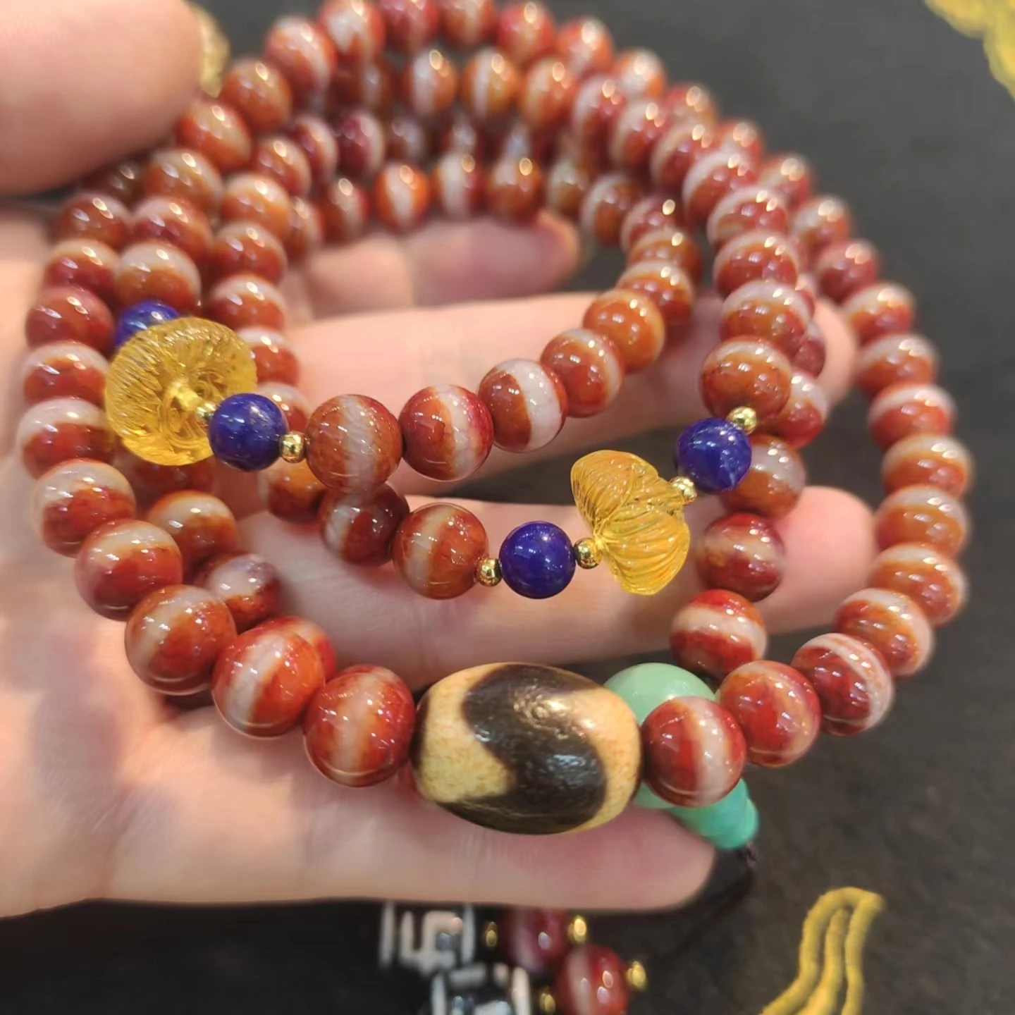 

1pcs/lot natural rare first-line pharmacist with amber lapis lazuli tiger tooth agate dzi beads 108 rosary beads precious taki