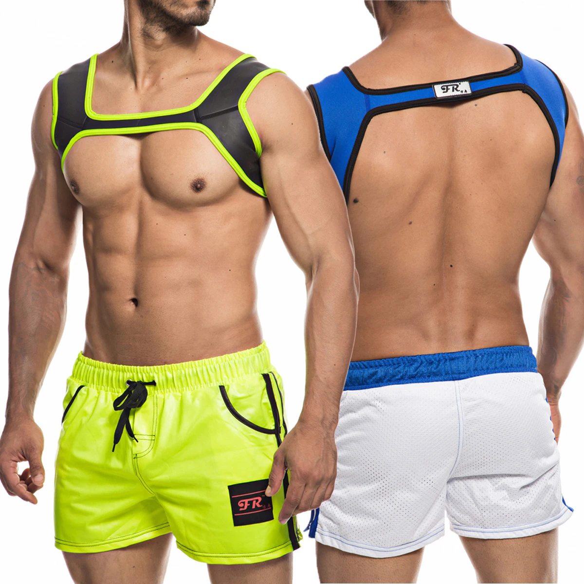 

Sexy Mens Neoprene Chest Harness Shorts Pants Sports Workout Gym Undershirts Causal Shoulder Strap Muscle Chest Harness Trunks
