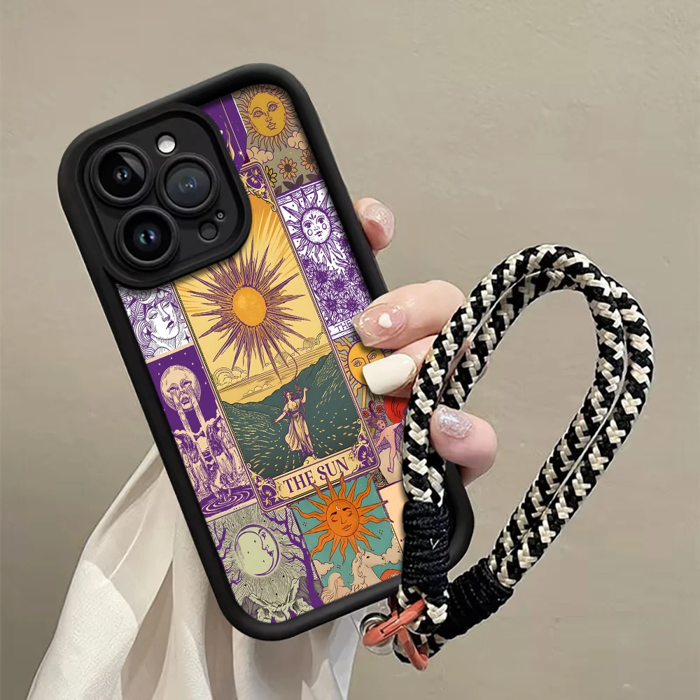 Фото Винтажный чехол для телефона с ремешком и изображением карт Таро для iPhone 13 14 15 16 17 Pro Max 15 14 Plus 17 E, ударопрочный матовый силиконовый чехол №1