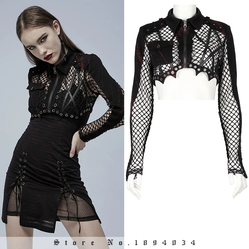 

PUNK RAVE Women's Punk Metal Buckles Irregular Printed Knitted Spliced Mesh Military Jacket Bat Bottom Handsome Short Coat
