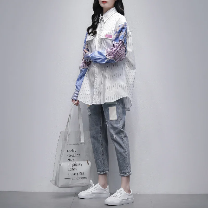 

White Stripe Stitching Shirt Women's 2022 Spring New Korean Long Sleeve Color Contrast Fashion Thin Shirt Top Fashion