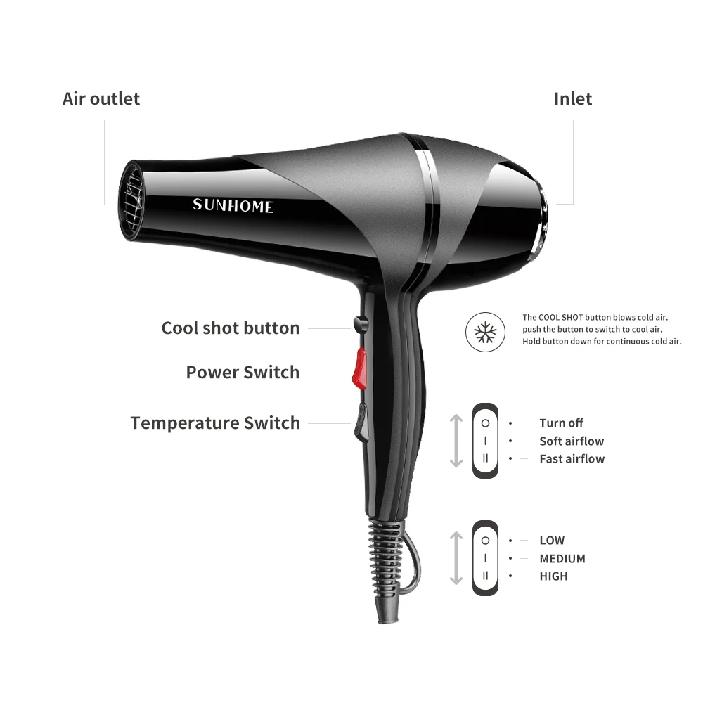 Профессиональный ионный керамический фен для волос SUNHOME 2300 Вт 2 скорости и 3