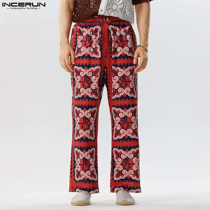 

INCERUN Men Pants Printing Drawstring Loose Vintage Streetwear Casual Trousers Men 2023 Vacation Hawaiin Straight Pants S-5XL