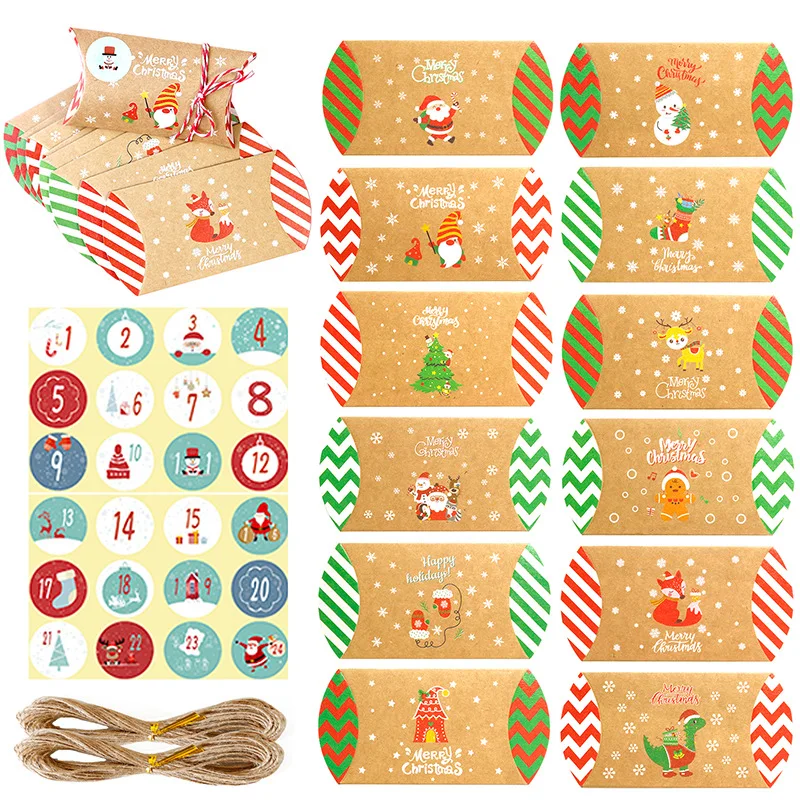 

24Pcs Christmas Bag Advent Calendar Candy Box Pillow Shape Kraft Paper Gift Candy Bag Xmas Decor for Home 2023 New Year Navidad