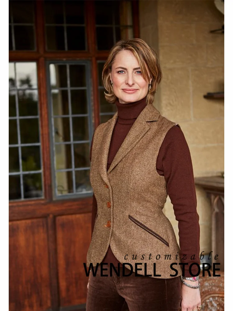 

Women's Vest Herringbone Vintage Single Breasted Wool Tweed Two Pockets Slim Fit Ladies Versatile Sleeveless Jacket