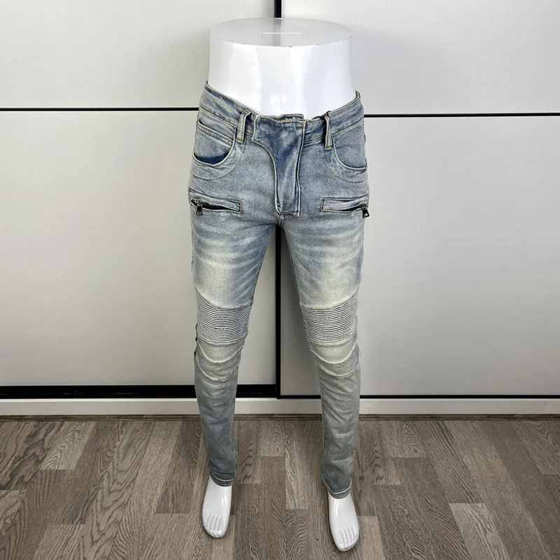Street Fashion Men Jeans High Quality Retro Blue Elastic Slim Fit Spliced Designer Biker Jeans Men Hip Hop Brand Pants Hombre