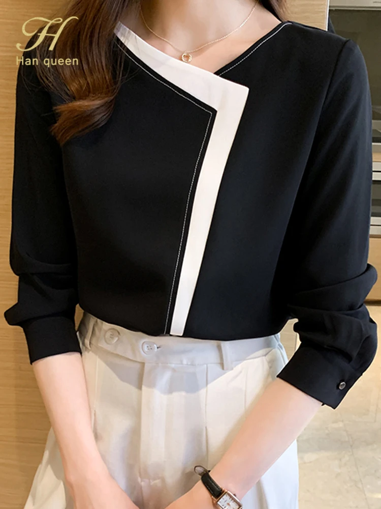 

H Han Queen New Loose Oversized Long Sleeve Chiffon Blouse Work Casual Tops Spring Blouses Women's Business Vintage Shirt