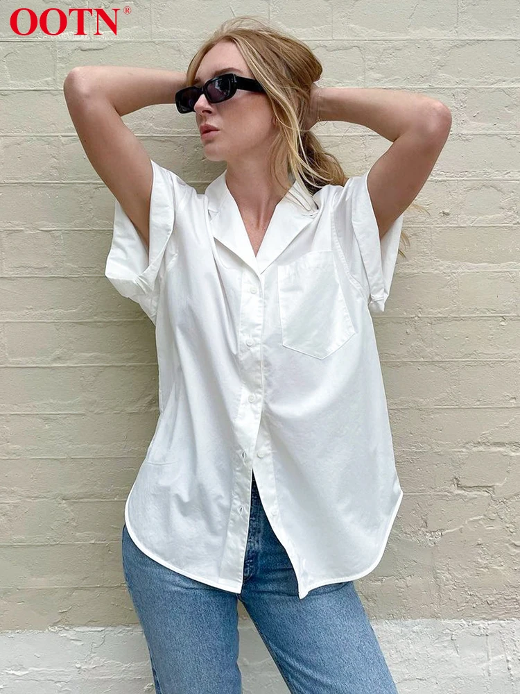 

Летняя уличная одежда OOTN, белая рубашка на пуговицах, женские блузки с коротким рукавом для женщин 2022, однотонные повседневные тонкие свобо...