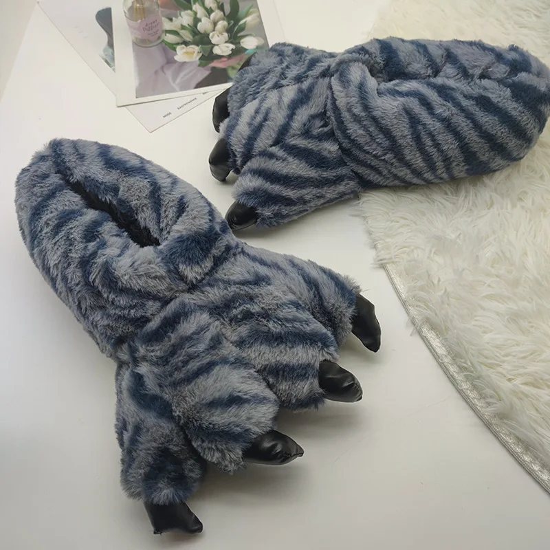 

2022 Cartoon Animals Paw Slippers Women Warm Plush Indoor Home Slipper Men Autumn Winter Cute Furry Sole Cozy Mute Cotton Shoes