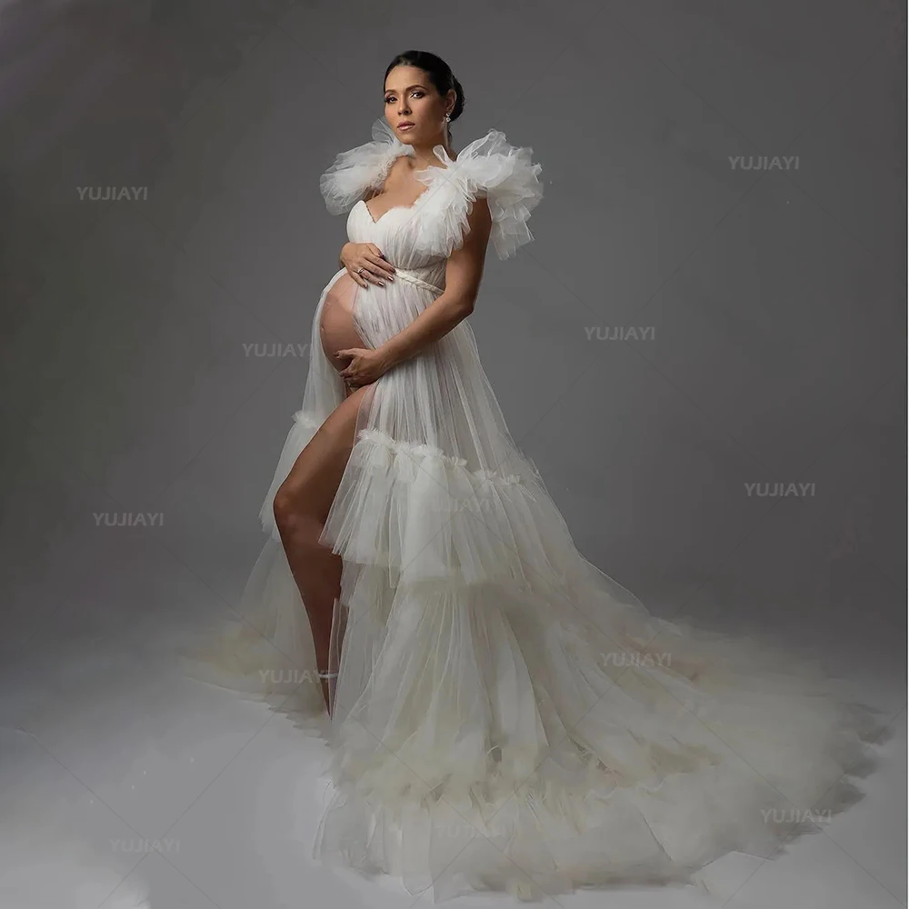 

Maternity Robe Puffy Tulle Maternity Dresses for PhotoShoot Front Split Tiered Pregnant Women BabyShower Gowns Photography Dress