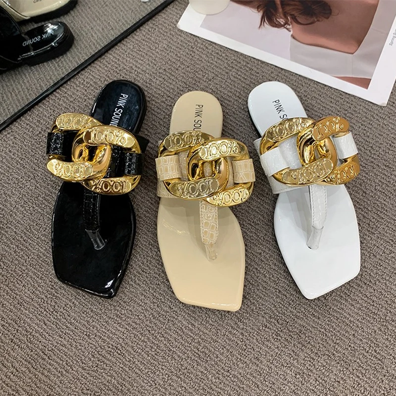 

Женские шлепанцы в римском стиле, повседневные сандалии с цепочкой, плоская подошва, с клипсой, пляжные тапочки, лето 2023