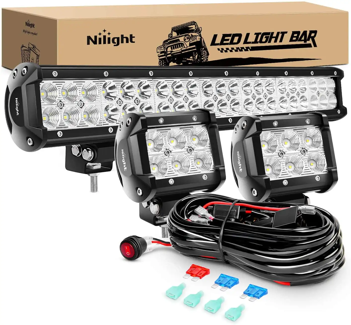 

20Inch 126W LED Light Bar Dual Row Spot Flood Combo + 2pcs 18W 4INCH With 16AWG Wiring Harness Kit-2 Lead for Ford Jeep Toyato G