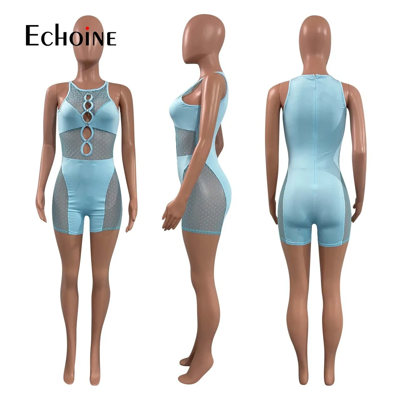 Женский сетчатый комбинезон в горошек без рукавов |