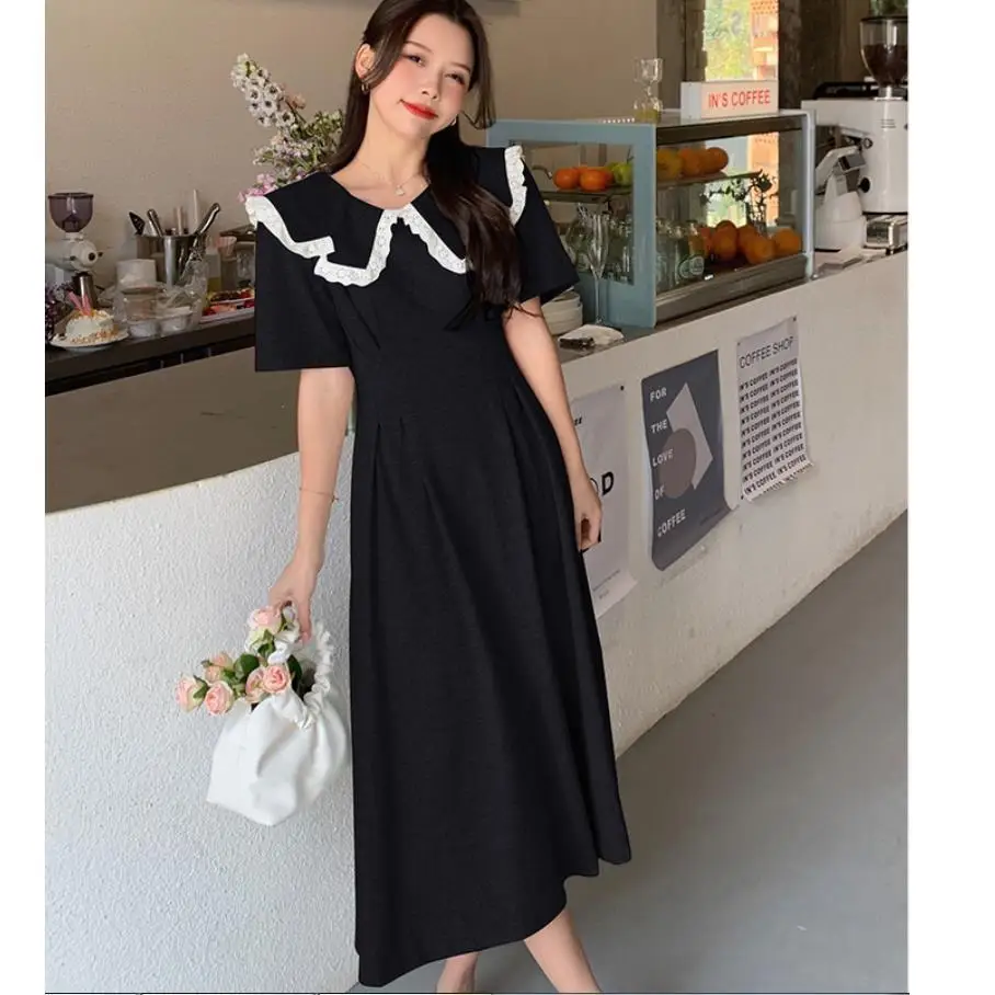

Large Women Clothing Spring And Summer Korean Lotus Leaf Solid Color Black Dress Plus Size 4xl