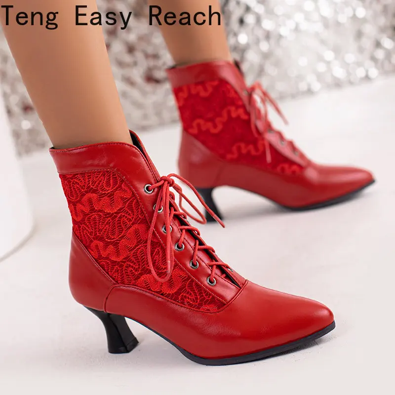 

2023 New Spring Autumn Sexy Mesh Women Ankle Boots Pointed Toe Fashion lace-up Ladies Party Stiletto High Heels Shoes Size 33-43
