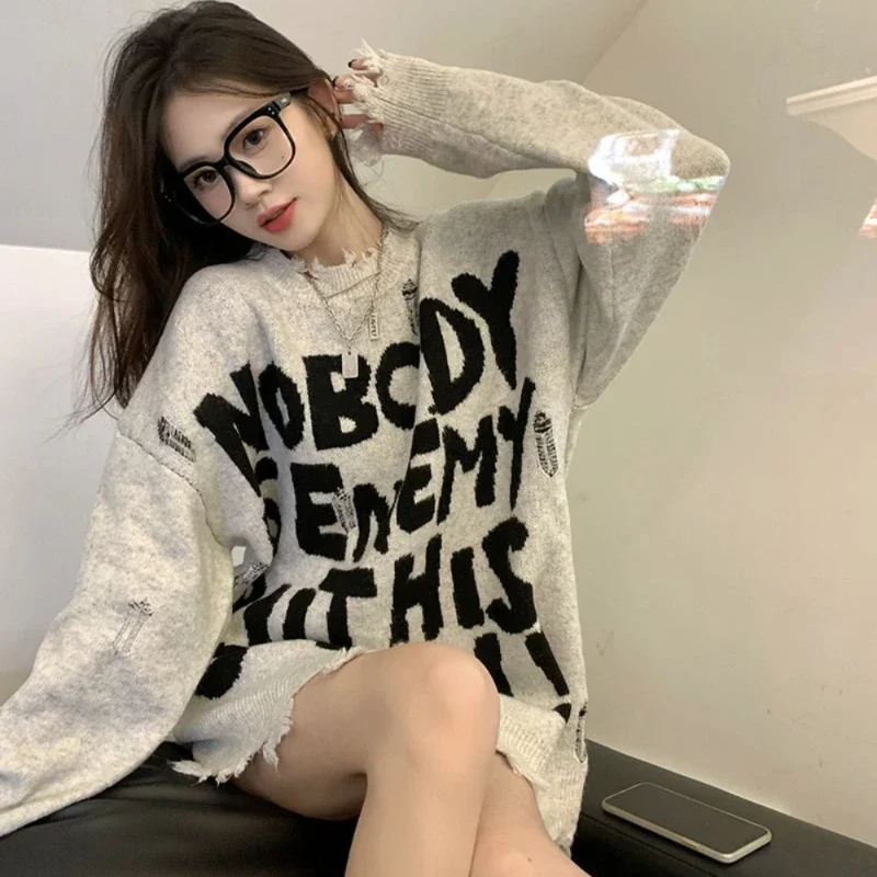 

Crop Torn Women's Sweater Short Round O Neck Pullover Knit Tops for Woman Graphic Economics Tricot Blouse Y2k Vintage Warm Sale