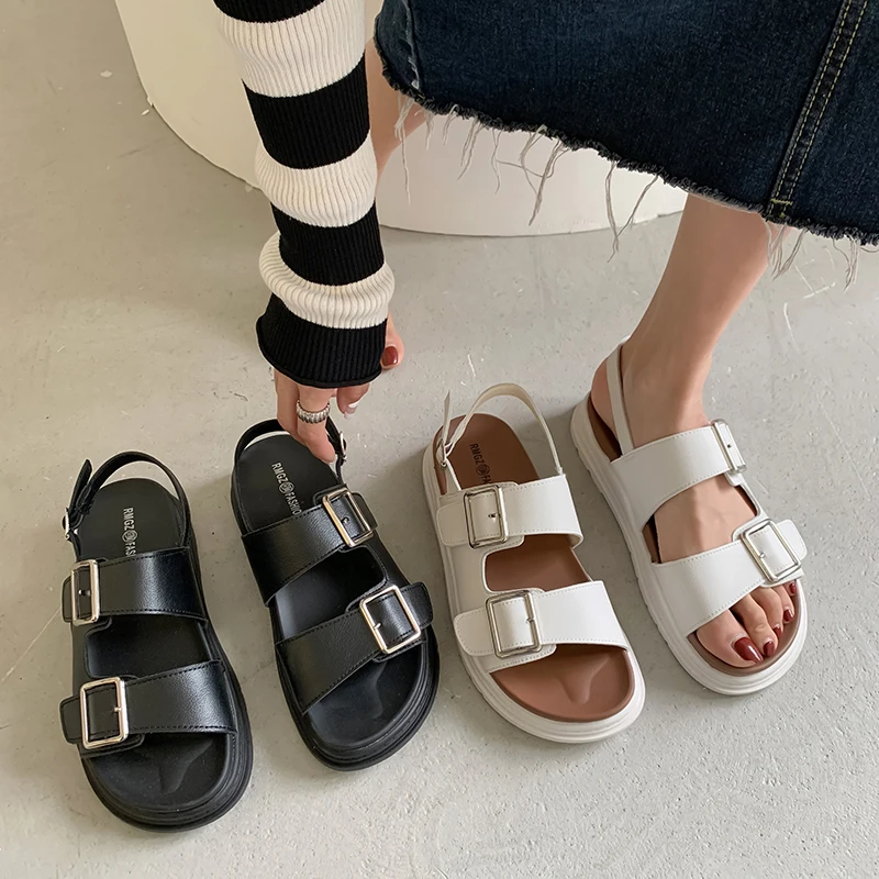 

Retro Woman Shoes Beige Heeled Sandals Clogs Wedge Buckle 2022 Summer Original Comfort Low Black Platform New Thick Girls Beach