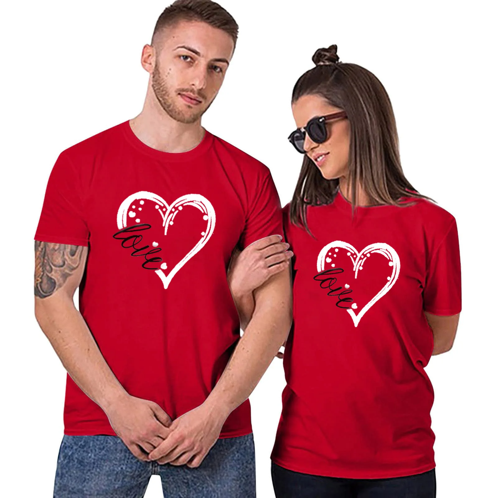 T-shirt à manches courtes et col rond pour Couple  ample  avec cœur d'amour imprimé