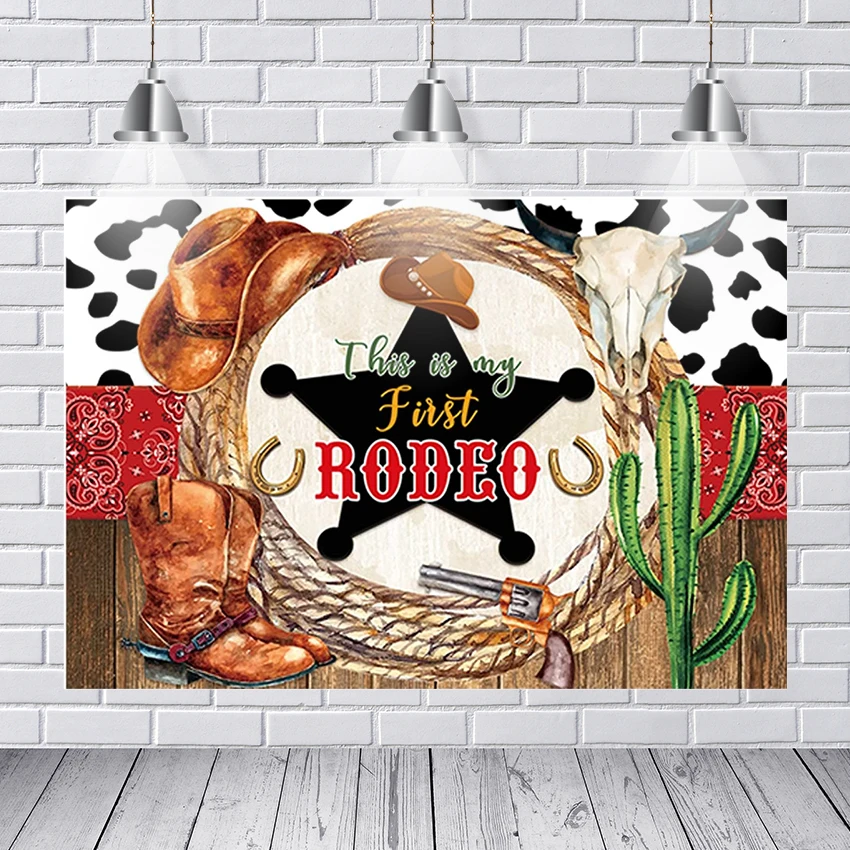 

My First Rodeo 1st Birthday Backdrop Western Cowboy First Bday Party Supplies Banner Wild West Rustic Wood Boot Hat Background