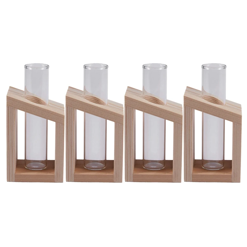 

4X Crystal Glass Test Tube Vase In Wooden Stand Flower Pots For Hydroponic Plants Home Garden Decoration