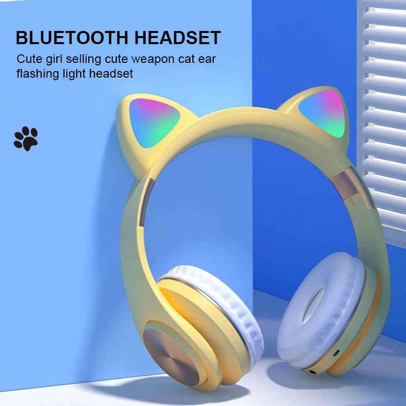 

NEW LED Cat Ear Wireless Headphones Metallic feel Earmuffs Headset Bluetooth 5.0 Kids Earphone Support TF Card With Microphones