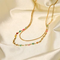 yw gairu bohemian national style 18k gold stainless steel color stone ball bead chain snake chain double layer necklace women