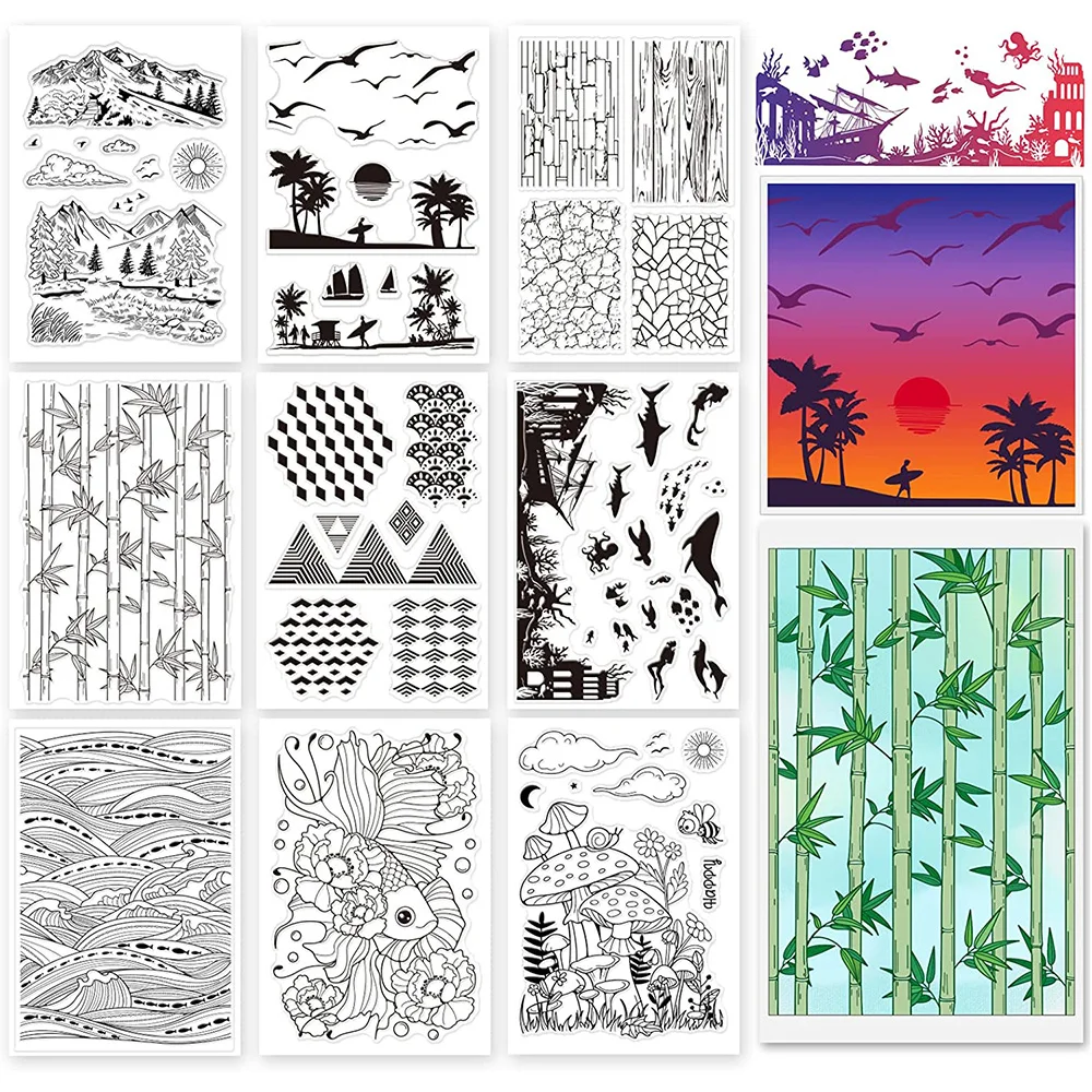 

9 Sheets Background Theme Silicone Clear Stamps Seal for DIY Scrapbooking Card Making Decor Idyllic Landscape Seaside Bamboo